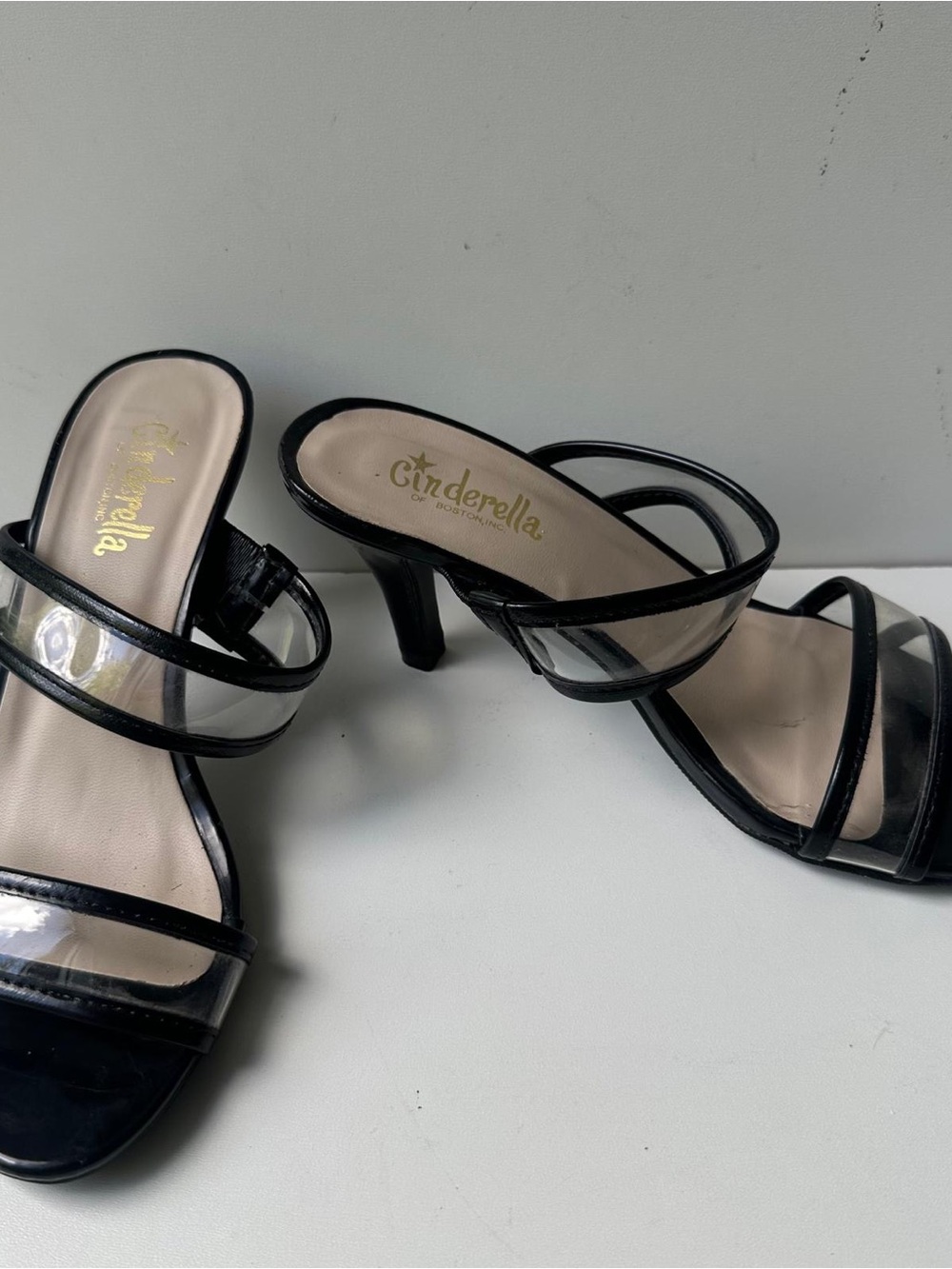 Cinderella of Boston Black Clear Strap Mule Heels Women's Size 7
